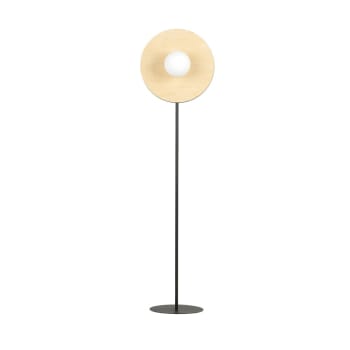 Loston - Lámpara de pie circular con pieza efecto madera y esfera blanca