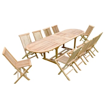 Kajang - Tavolo da giardino ovale e 10 sedie in teak