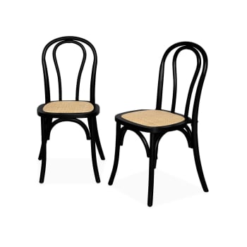 Bastille - Chaise en bois et rotin arrondie noir (lot de 2)