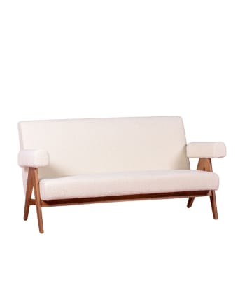 Daneu - Vintage-Sofa aus Teakholz und Bouclé-Polsterung, weiß