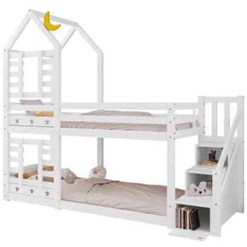 Lit superposé lit enfant bois blanc escalier avec rangement 90x200cm