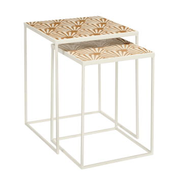 Odile - Lot de 2 tables d'appoint d'extérieur en métal marron et blanc H48