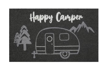Happy camper - Fußmatte aus Kokosfasern bedruckt mit grau, schwarz und weiß 60x90