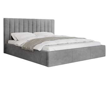 Lit Coffre Velours 160x200 Cm DecoInParis - Tête De Lit Capitonnée Beige - Rangement Intégré - Bois Et Métal