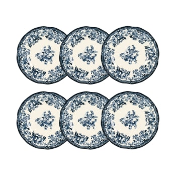 Faustine - Lot de 6 assiettes à dessert fleuries en grès bleu 20cm