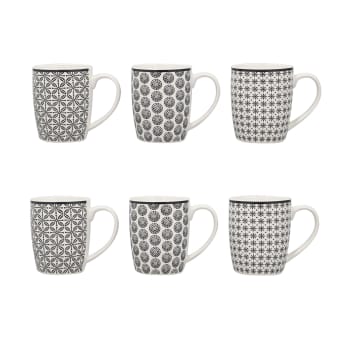 Graphik - Lot de 6 mugs en porcelaine - 3 décors assortis 32cl