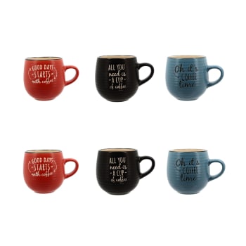 Pause cafe - Lot de 6 mugs en grès - 3 couleurs assorties 35cl