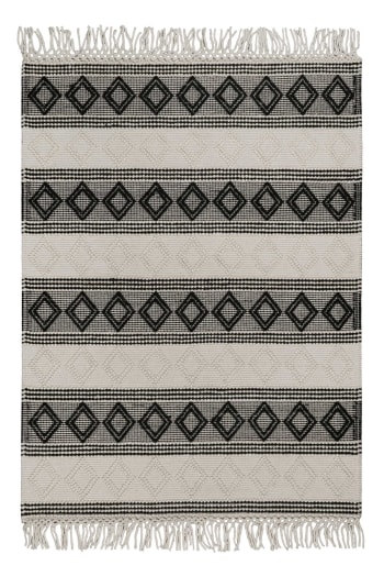 Cara - Tapis kilim ethnique tissé à franges et relief noir et blanc 200x290