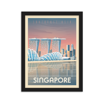 Affiche Singapour Asie + Cadre Bois noir 30x40 cm