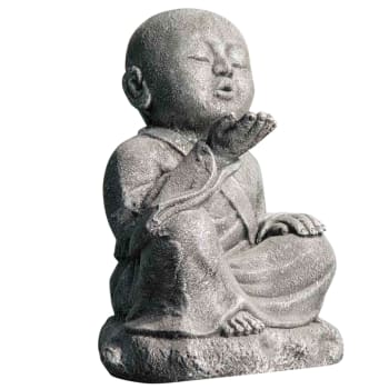 Statue de jardin moine shaolin heureux patiné gris 40 cm