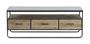Mueble tv madera de abeto y hierro con encimera de cristal fumé