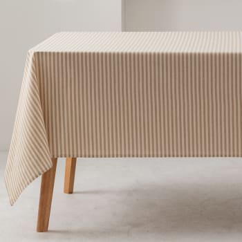 Rayas finas - Mantel impermeable 100% algodón tacto tela beige 140x240 cm