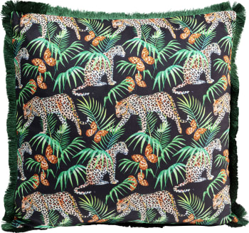 Coussin léopards, papillons et feuilles de palmier en velours 45x45