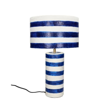 Mundaka - Lampe à poser en papier à rayures horizontales D30cm blanc et bleu