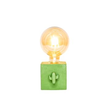 Lampe de chevet en béton vert avec son cactus et ampoule à filament