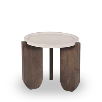 Nador - Table d'appoint en marbre et bois massif D55cm blanc ivoire