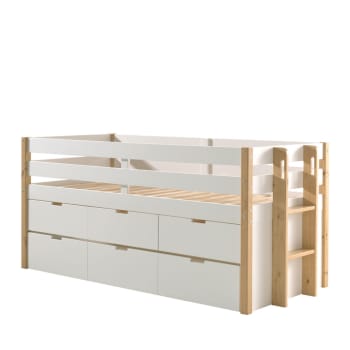 Tourco - Lit enfant banquette 4 tiroirs en bois 90x200cm - Blanc et bois clair