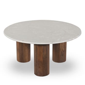 Sula - Table basse en marbre et bois massif D80cm blanc ivoire