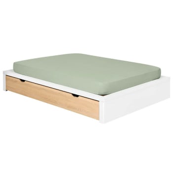 Gaston - Pack lit avec tiroir et matelas bois massif blanc et hêtre 160x200 cm