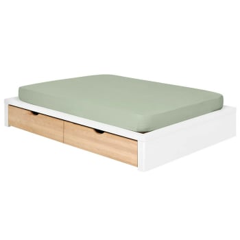 Gaston - Pack lit avec 2 tiroirs et matelas blanc et hêtre 160x200 cm