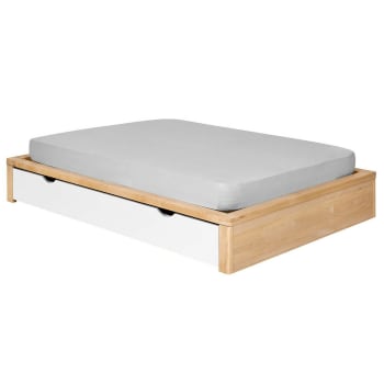 Gaston - Pack lit avec tiroir et matelas bois massif hêtre et blanc 160x200 cm