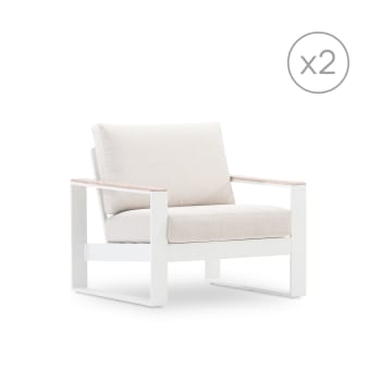 Manhattan - Set de 2 fauteuils jardin aluminium blanc accoudoirs effet bois