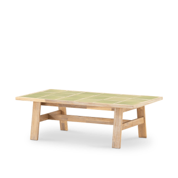 Bisbal - Table basse de jardin en bois et céramique vert clair 125x65