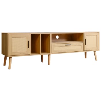 Mueble tv imitación madera con decoración ratán 2 puertas y un cajón