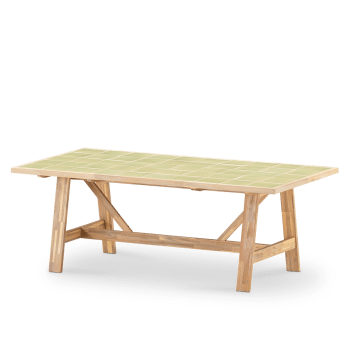 Bisbal - Table de jardin 205x105 en bois et céramique vert clair