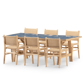 Bisbal & modena - Ensemble de table et 6 chaises en bois et céramique bleue  205x105