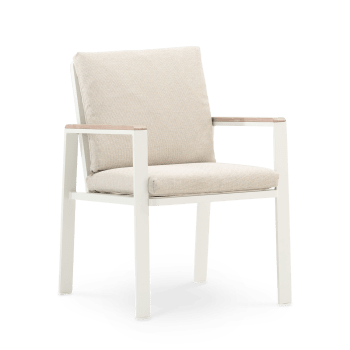 Manhattan - Lot 6 chaises aluminio blanc avec accoudoirs efect bois avec coussins