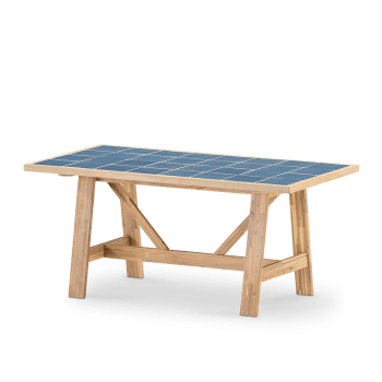 Bisbal - Table repas de jardin  en bois et céramique bleue 168x87