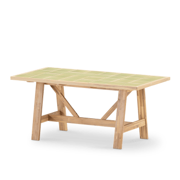 Bisbal - Table repas de jardin 168x87 en bois et céramique vert clair