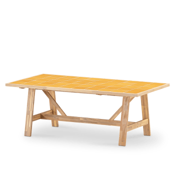 Bisbal - Table repas de jardin en bois et céramique moutard 205x105