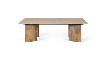 Table basse rectangulaire marbre travertin et pieds bois manguier