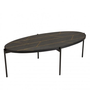 Basile - Table basse ovale 131x65cm effet pierre motifs dorés