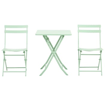 Outsunny - Set tavolo e 2 sedie da giardino pieghevole in metallo verde