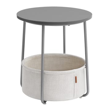 Petite table basse ronde avec panier tissu effet bois gris ciment