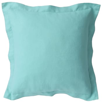 Gamme unie lin prélavé - Taie volant 50x70 bleu aqua en lin