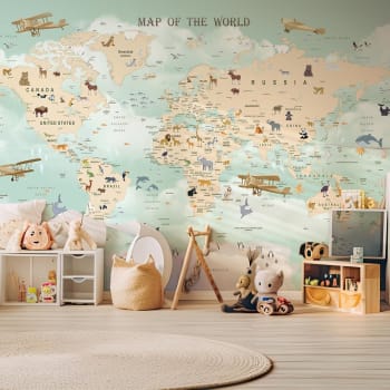 Papier peint enfant motif carte du monde et avions 364x270cm