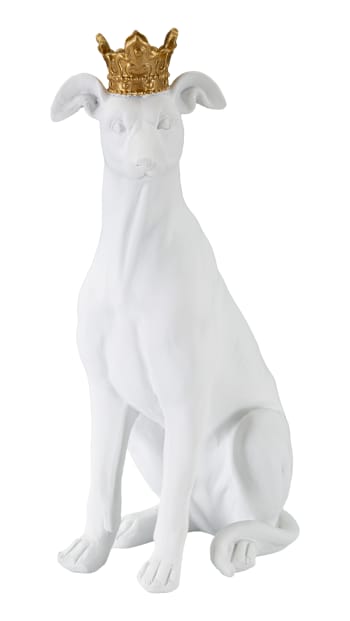 Animali - Statua di cane seduto in resina bianco con corona dorata cm 20x12,5x33