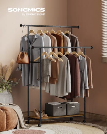 Valet De Chambre à Roulettes En Bambou – Double Cintre, Tringle à Pantalons, Plateau, Étagère à Chaussures