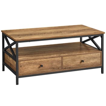 Table basse 2 tiroirs 1 compartiment effet bois marron rustique