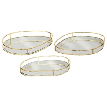 Set de 3 plateaux en métal doré et miroirs 30cm