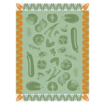 Tissu Jacquard au mètre : Palmes corail et bleu lagon Tissu Jacquard au mètre : Palmes corail et bleu lagon