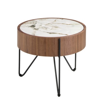 Angel cerda - Table d'angle ronde en marbre porcelaine, noyer et acier noir