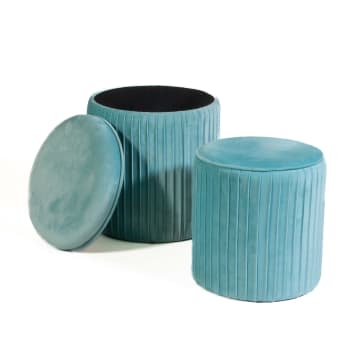 Tik-tak - Set di 2 pouf, contenitore e poggiapiedi in velluto azzurro 35x40 cm