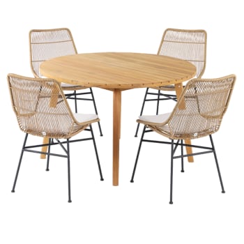 Verone - Ensemble table en bois d'acacia  et 4 chaises de jardin avec coussins
