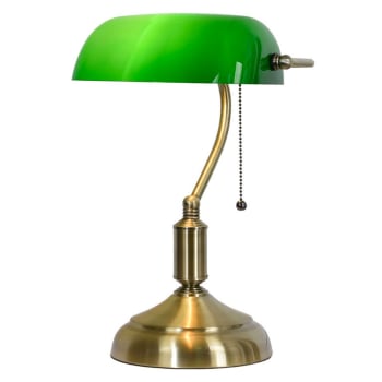 Lampe de bureau de banquier en métal doré et abat-jour vert 27x17x41cm