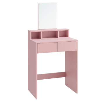 Coiffeuse avec grand miroir avec 2 tiroirs et 3 compartiments rose